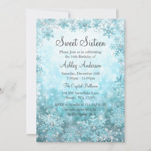 Invitation Sweet 16 Winter Wonderland Sparkle Snowflakes (Devant)