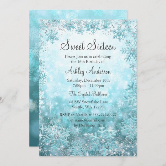 Invitation Sweet 16 Winter Wonderland Sparkle Snowflakes (Devant / Derrière)