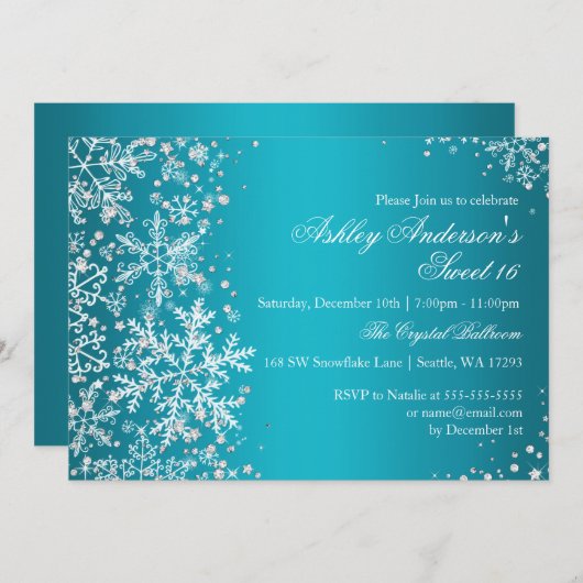 Invitation Sweet 16 Winter Wonderland Sparkle Snowflakes (Devant / Derrière)