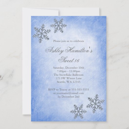 Invitation Sweet 16 Winter Wonderland Sparkle Snowflakes Blue (Devant)