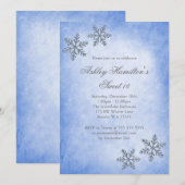 Invitation Sweet 16 Winter Wonderland Sparkle Snowflakes Blue (Devant / Derrière)