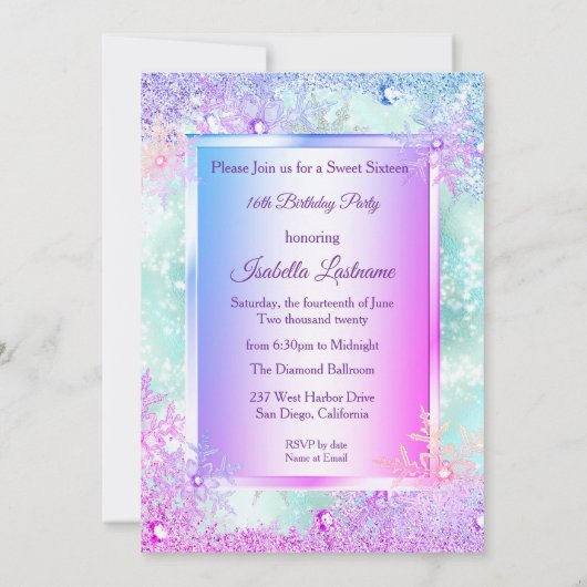 Invitation Sweet 16 Winter Wonderland Turquoise Bleu violet r (Dos)