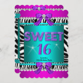 Invitation Sweet 16 Zebra rose Turquoise Purple Bow Fun Party (Devant / Derrière)