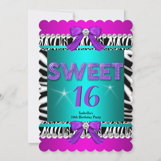 Invitation Sweet 16 Zebra rose Turquoise Purple Bow Fun Party (Devant)