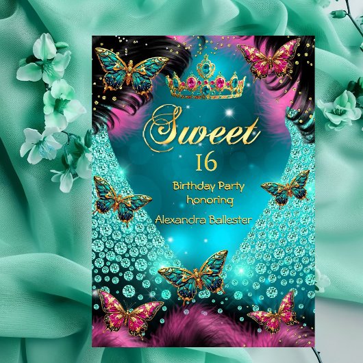 Invitation Sweet 16e anniversaire fête papillons rose Turquoi