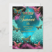 Invitation Sweet 16e anniversaire fête papillons rose Turquoi (Devant)