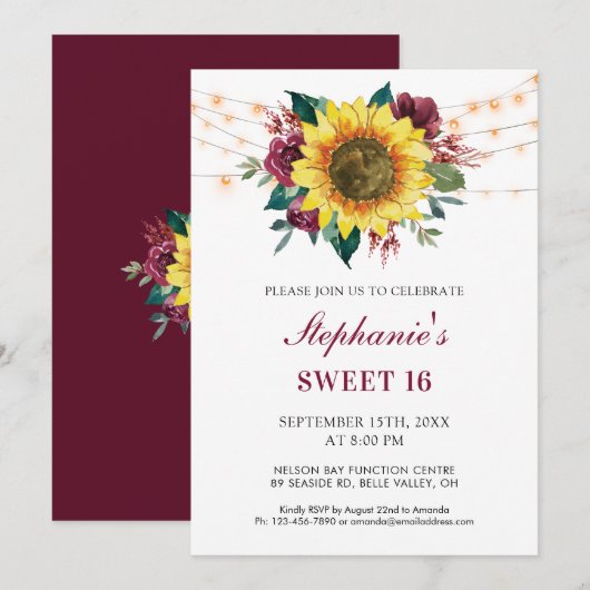 Invitation Sweet 16e anniversaire Floral Sunflower Lights Par (Devant / Derrière)