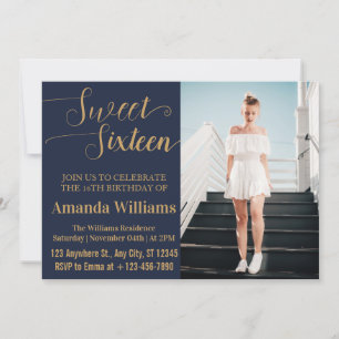 Invitation Sweet 16e anniversaire Photo Blue and Gold Luxury