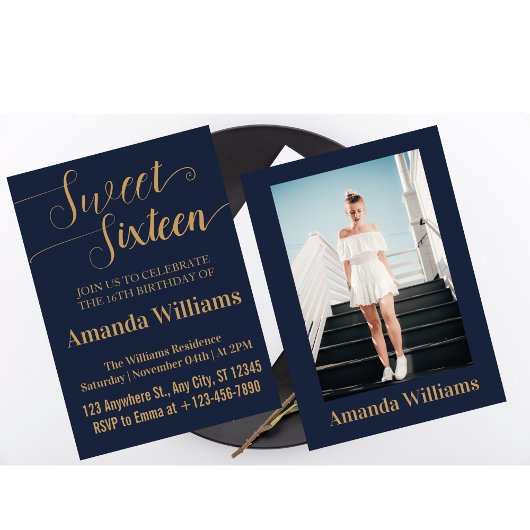 Invitation Sweet 16e anniversaire Photo Blue and Gold Luxury
