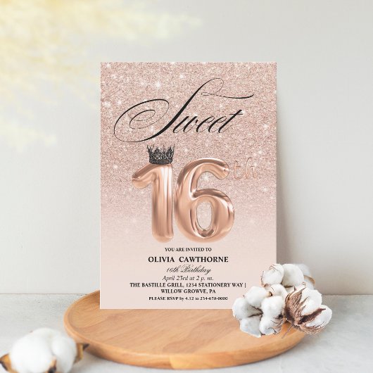 Invitation Sweet 16e anniversaire rose or princesse Anniversa