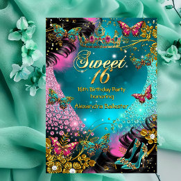 Invitation Sweet 16e anniversaire Turquoise Pink Gold Butterf