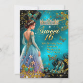 Invitation Sweet 16e anniversaire Turquoise Robe d'or Papillo (Devant)