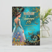 Invitation Sweet 16e anniversaire Turquoise Robe d'or Papillo (Debout devant)