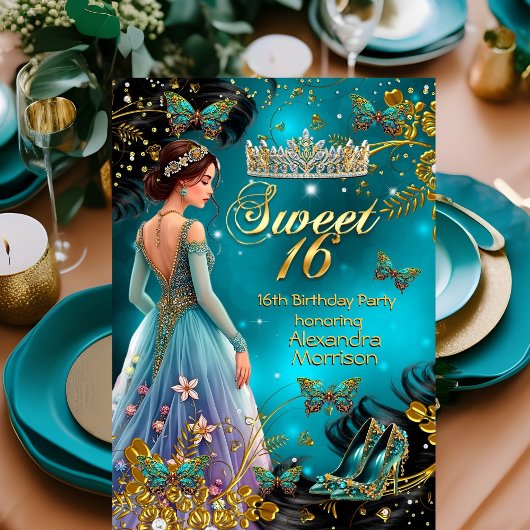 Invitation Sweet 16e anniversaire Turquoise Robe d'or Papillo