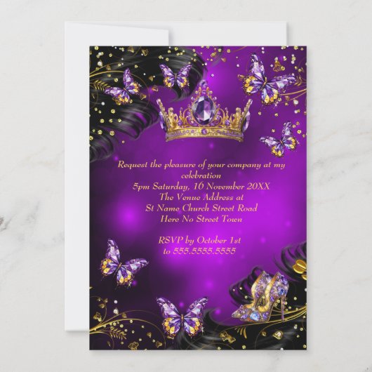 Invitation Sweet 16e anniversaire violet Robe d'or papillon (Dos)