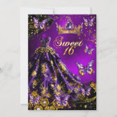 Invitation Sweet 16e anniversaire violet Robe d'or papillons (Devant)