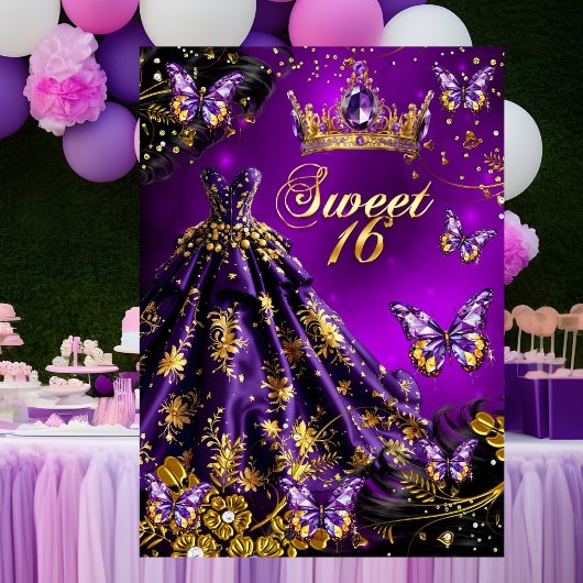 Invitation Sweet 16e anniversaire violet Robe d'or papillons