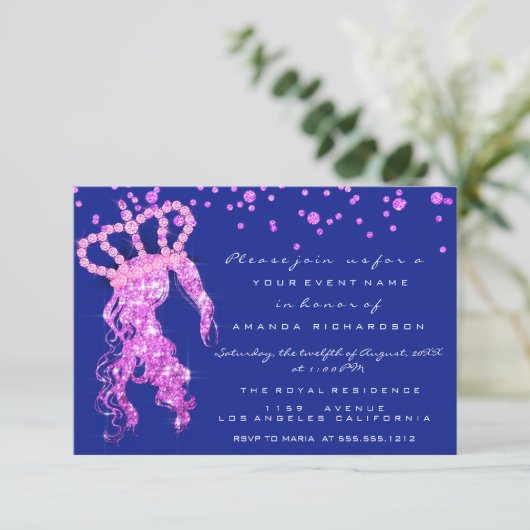 Invitation Sweet 16e Couronne Princesse Confetti Royal Blue R (Debout devant)