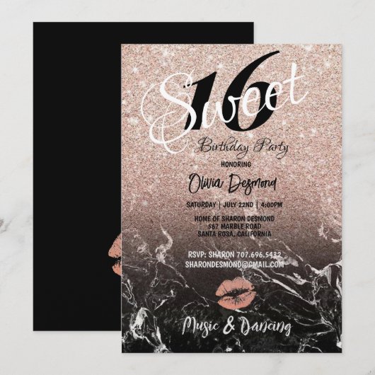 Invitation Sweet 16e fête d'anniversaire Black & Rose Gold Th (Devant / Derrière)