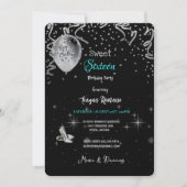 Invitation Sweet 16e fête d'anniversaire thème noir & turquoi (Devant)