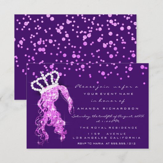 Invitation Sweet 16ème Couronne Princesse Confetti Purple Pin (Devant / Derrière)