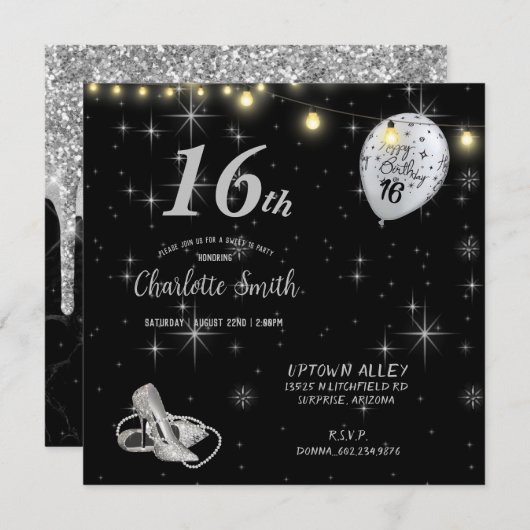 Invitation Sweet 16th Birthday Party Stiletto's Balloons Invi (Devant / Derrière)