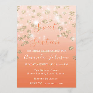 Invitation Sweet 16th Coral Flowers Gold Ombre Photo Sparkly