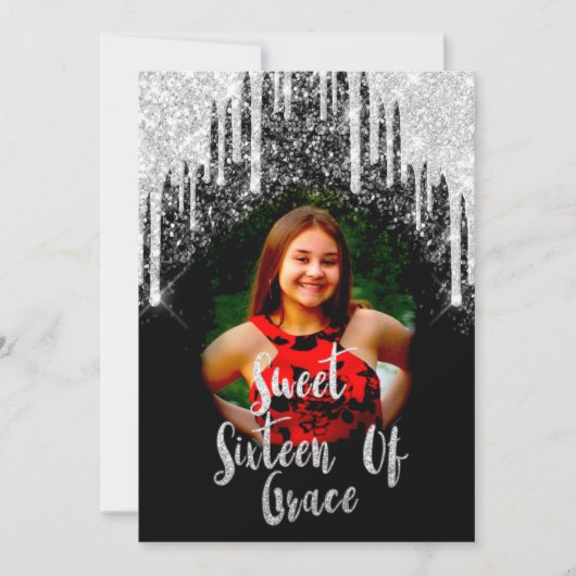 Invitation Sweet 16th Elisabeth Red Grey Silver Drips Photo (Devant)