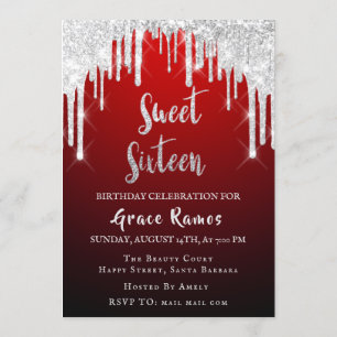 Invitation Sweet 16th Elisabeth Red Grey Silver Drips Photo