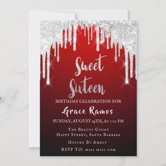Invitation Sweet 16th Elisabeth Red Grey Silver Drips Photo (Dos)