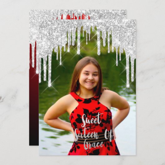 Invitation Sweet 16th Elisabeth Red Grey Silver Drips Photo (Devant / Derrière)