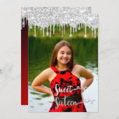 Invitation Sweet 16th Elisabeth Red Grey Silver Drips Photo (Devant / Derrière)