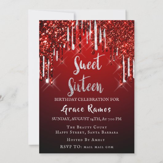 Invitation Sweet 16th Elisabeth Red Grey Silver Drips Photo (Dos)