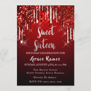Invitation Sweet 16th Elisabeth Red Grey Silver Drips Photo