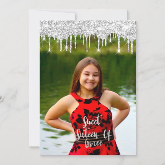 Invitation Sweet 16th Elisabeth Red Grey Silver Drips Photo (Devant)