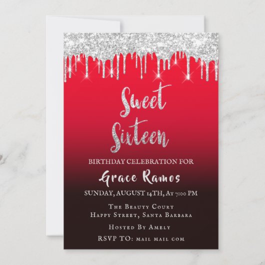 Invitation Sweet 16th Elisabeth Red Grey Silver Drips Photo (Dos)