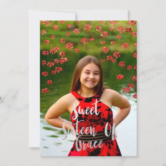 Invitation Sweet 16th Elisabeth Red Grey Silver Drips Photo (Devant)