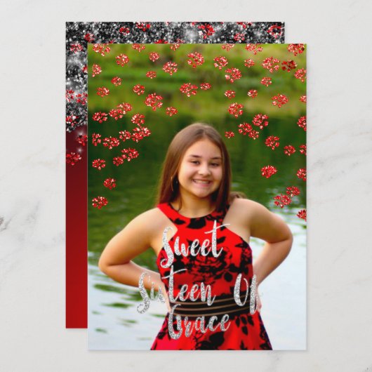 Invitation Sweet 16th Elisabeth Red Grey Silver Drips Photo (Devant / Derrière)