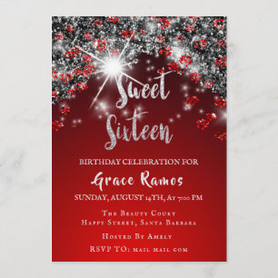 Invitation Sweet 16th Elisabeth Red Grey Silver Drips Photo