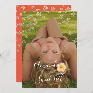 Invitation Sweet 16th Flower Coral Gold Photo Confetti Spark