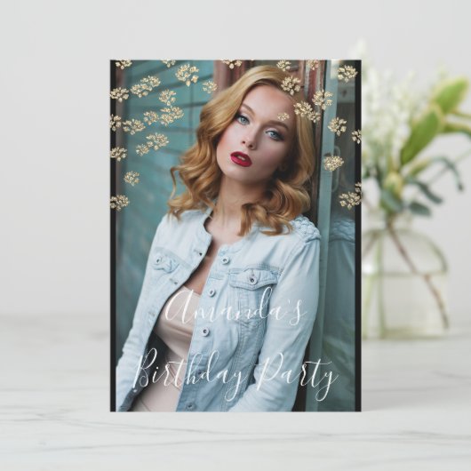 Invitation Sweet 16th Flower Gold Black Photo Confeti Spark (Debout devant)