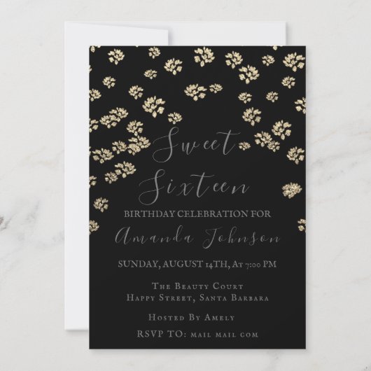 Invitation Sweet 16th Flower Gold Black Photo Confeti Spark (Dos)