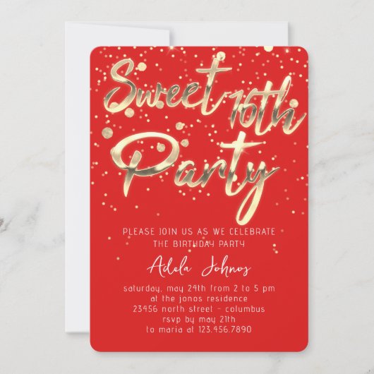Invitation Sweet 16th Instant Télécharger Red Gold Confetti (Devant)