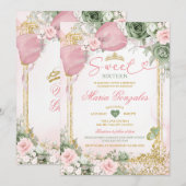 Invitation Sweet 16th Pink Bow Sage Green Floral Birthday (Devant / Derrière)