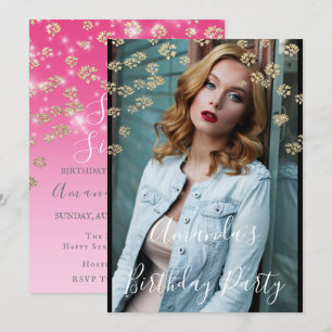 Invitation Sweet 16th Pink Flowers Gold Ombre photo Confetti