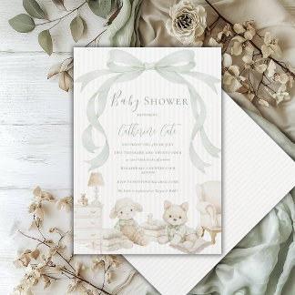 Invitation Sweet Animals Sage Green Ribbon Vintage Baby