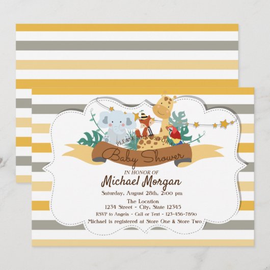 Invitation Sweet Animaux Safari Baby shower rayé (Devant / Derrière)