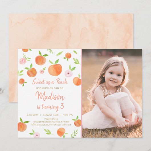 Invitation Sweet As A Peach Troisième Anniversaire (Devant / Derrière)