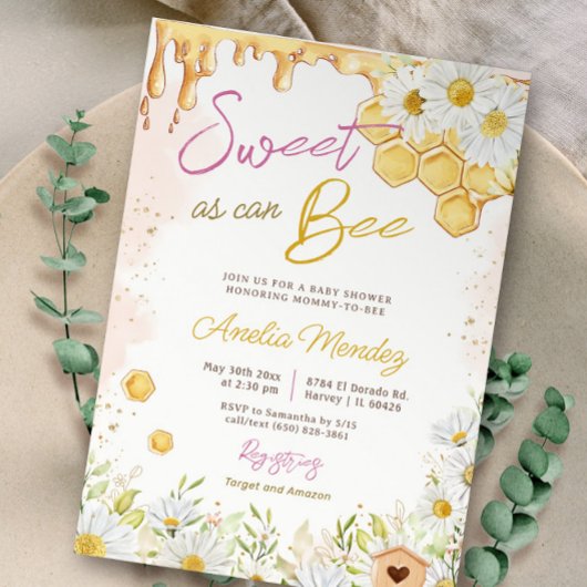 Invitation Sweet As Can Bee Pink Bumblebee Baby shower fille
