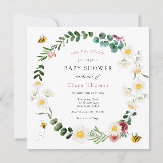 Invitation Sweet As Can Bee Rose Flower and Daisy Baby shower (Devant)